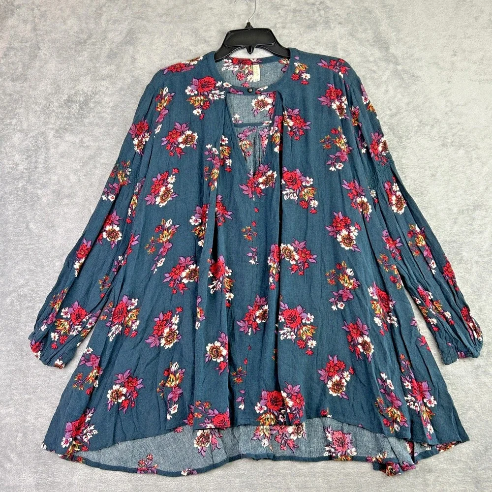 Free People Dress Women's Small Retro Floral Teal Swing Tunic Cottage Western‎